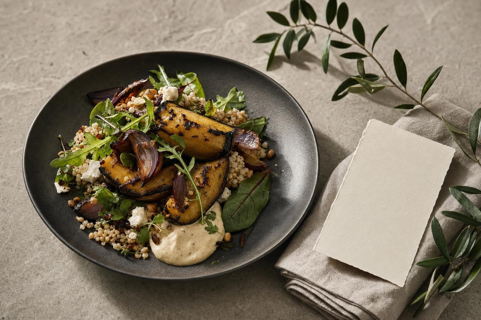 A seasonal plated dish beside folded linen on a stone table
