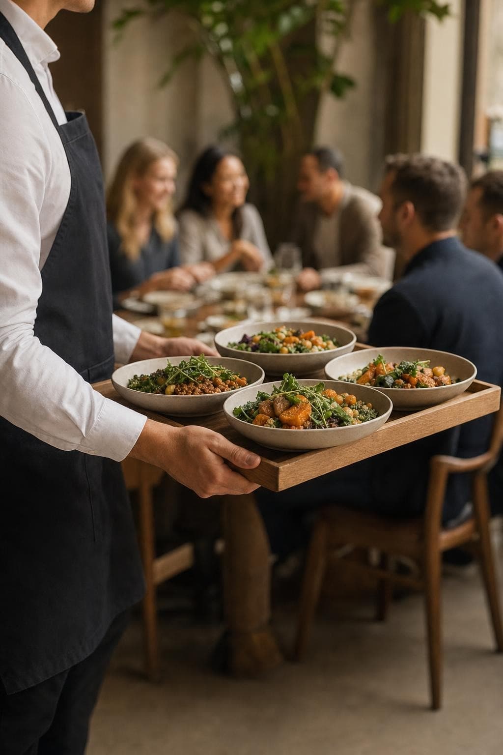 A server carries a tray of plated meals toward a seated office gathering