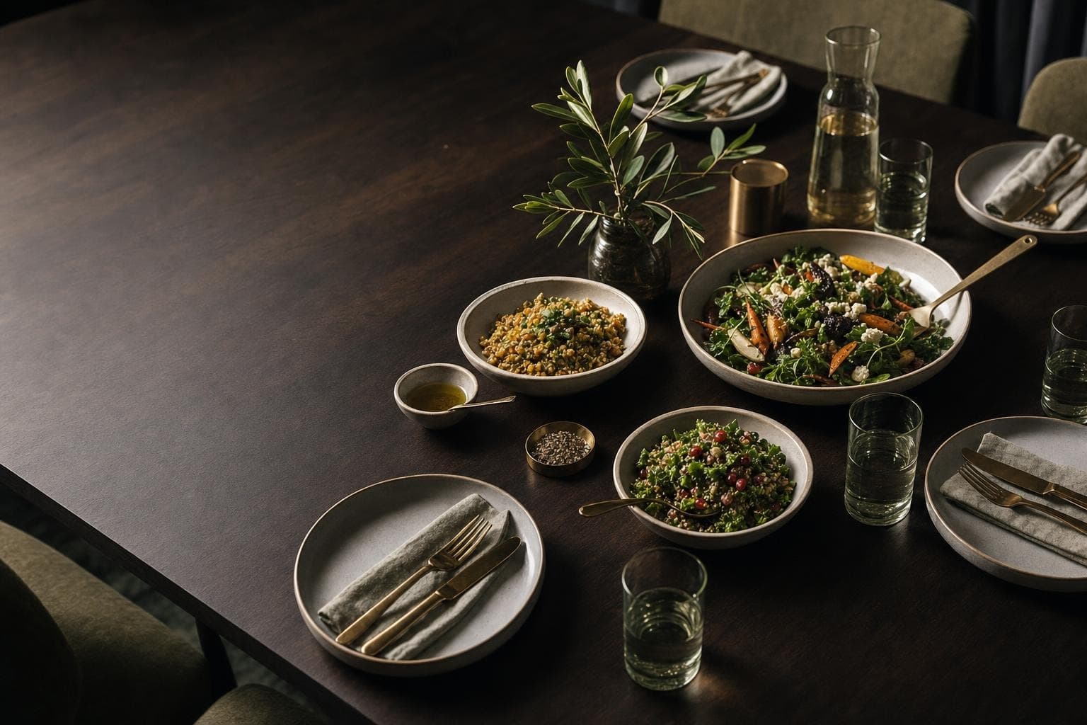 A carefully set communal table with shared bowls of seasonal food